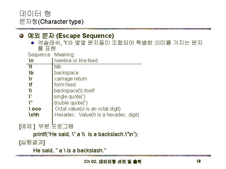 데이터 형 문자형(Character type) 예외 문자 (Escape Sequence) 역슬래쉬, ’’와 몇몇 문자들이 조합되어 특별한