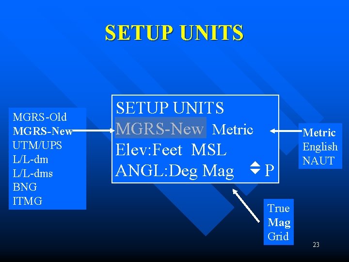 SETUP UNITS MGRS-Old MGRS-New UTM/UPS L/L-dms BNG ITMG SETUP UNITS MGRS-New Metric Elev: Feet SETUP UNITS MGRS-Old MGRS-New UTM/UPS L/L-dms BNG ITMG SETUP UNITS MGRS-New Metric Elev: Feet