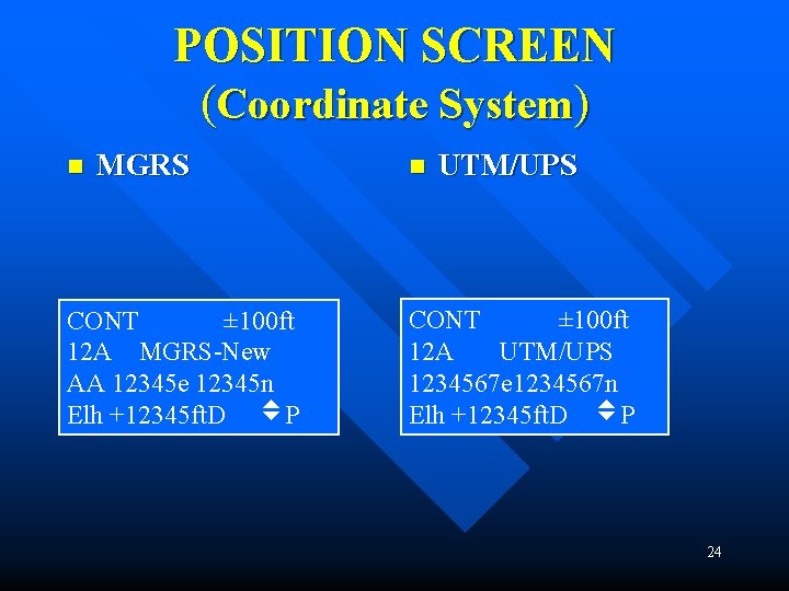 POSITION SCREEN (Coordinate System) n MGRS CONT ± 100 ft 12 A MGRS-New AA POSITION SCREEN (Coordinate System) n MGRS CONT ± 100 ft 12 A MGRS-New AA