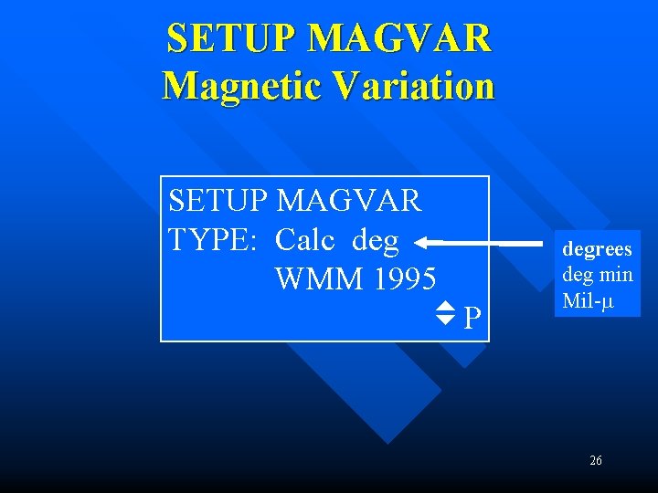 SETUP MAGVAR Magnetic Variation SETUP MAGVAR TYPE: Calc deg WMM 1995 P degrees deg SETUP MAGVAR Magnetic Variation SETUP MAGVAR TYPE: Calc deg WMM 1995 P degrees deg