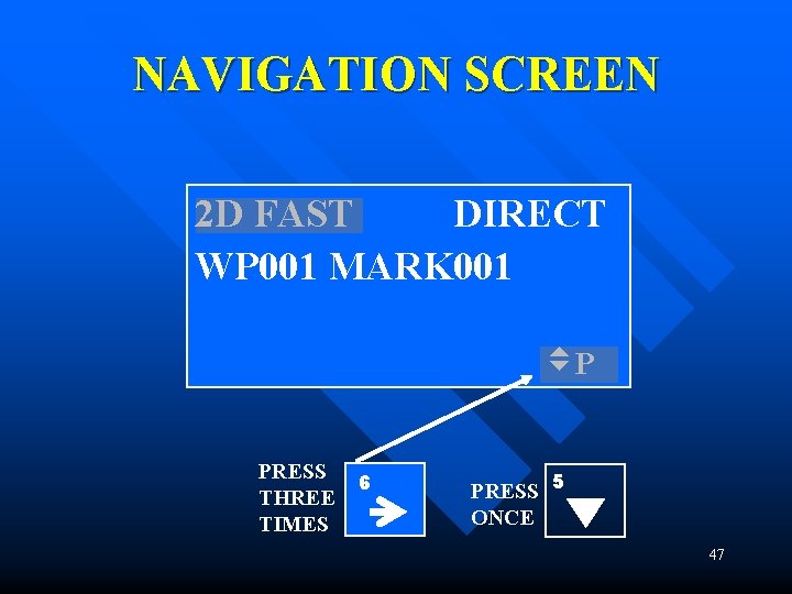 NAVIGATION SCREEN 2 D FAST DIRECT WP 001 MARK 001 P PRESS THREE TIMES NAVIGATION SCREEN 2 D FAST DIRECT WP 001 MARK 001 P PRESS THREE TIMES