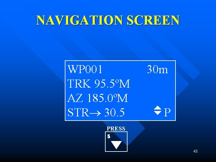 NAVIGATION SCREEN WP 001 TRK 95. 5ºM AZ 185. 0ºM STR 30. 5 30 NAVIGATION SCREEN WP 001 TRK 95. 5ºM AZ 185. 0ºM STR 30. 5 30