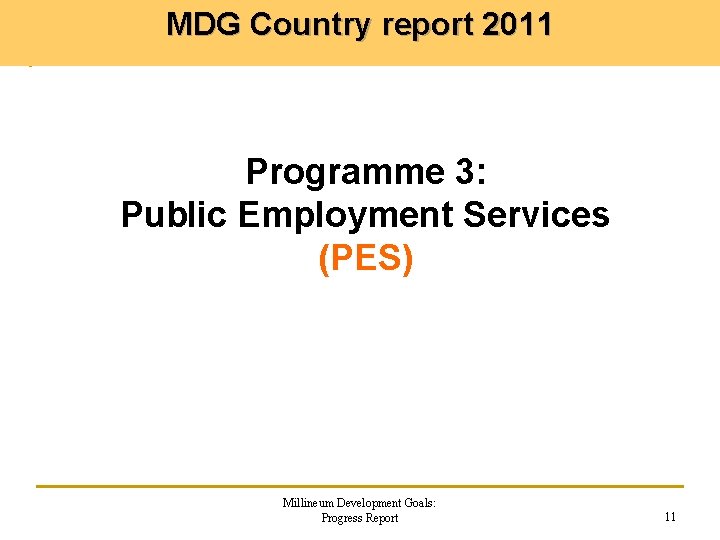 MDG Country report 2011 Programme 3: Public Employment Services (PES) Millineum Development Goals: Progress