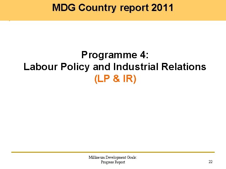 MDG Country report 2011 Programme 4: Labour Policy and Industrial Relations (LP & IR)