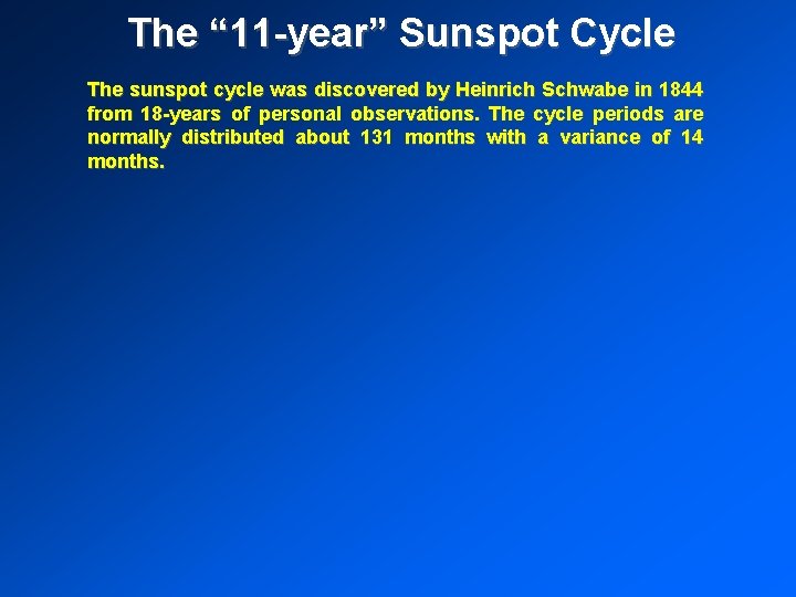 The “ 11 -year” Sunspot Cycle The sunspot cycle was discovered by Heinrich Schwabe