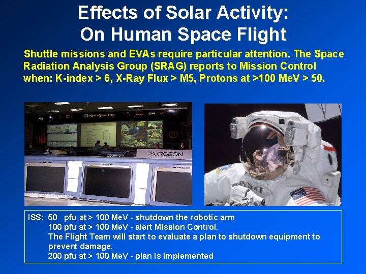 Effects of Solar Activity: On Human Space Flight Shuttle missions and EVAs require particular