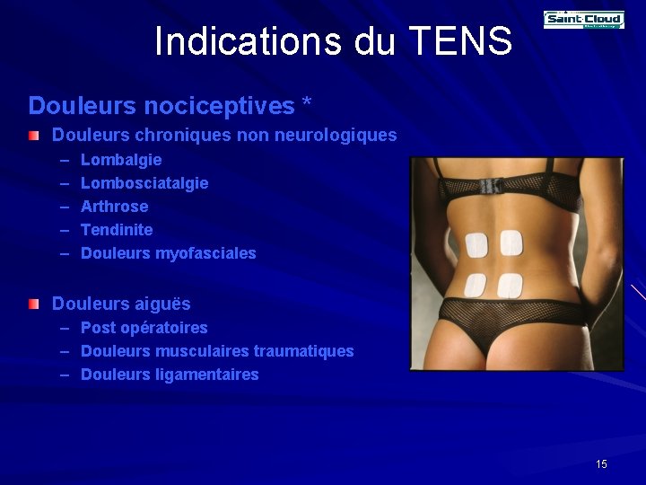 Indications du TENS Douleurs nociceptives * Douleurs chroniques non neurologiques – – – Lombalgie Indications du TENS Douleurs nociceptives * Douleurs chroniques non neurologiques – – – Lombalgie