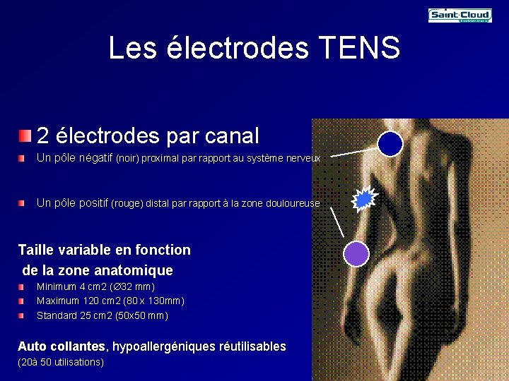 Les électrodes TENS 2 électrodes par canal Un pôle négatif (noir) proximal par rapport Les électrodes TENS 2 électrodes par canal Un pôle négatif (noir) proximal par rapport