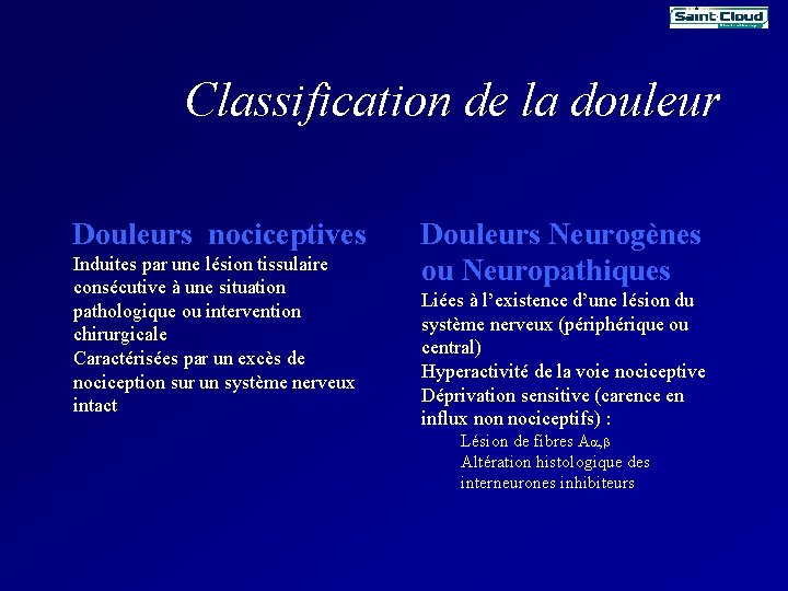 Classification de la douleur Douleurs nociceptives Induites par une lésion tissulaire consécutive à une Classification de la douleur Douleurs nociceptives Induites par une lésion tissulaire consécutive à une