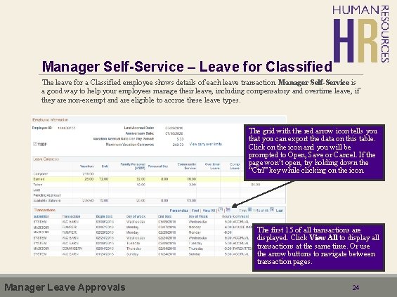 Manager Self-Service – Leave for Classified The leave for a Classified employee shows details
