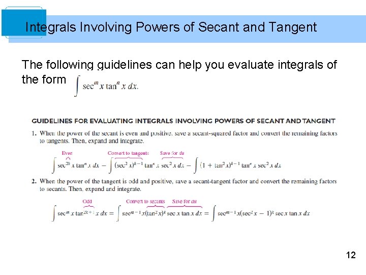 Integrals Involving Powers of Secant and Tangent The following guidelines can help you evaluate Integrals Involving Powers of Secant and Tangent The following guidelines can help you evaluate