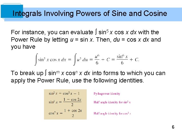 Integrals Involving Powers of Sine and Cosine For instance, you can evaluate sin 5 Integrals Involving Powers of Sine and Cosine For instance, you can evaluate sin 5
