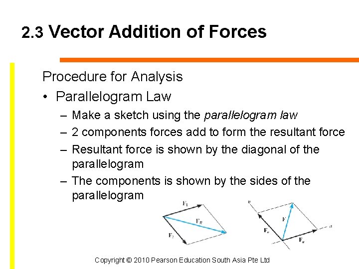 2. 3 Vector Addition of Forces Procedure for Analysis • Parallelogram Law – Make