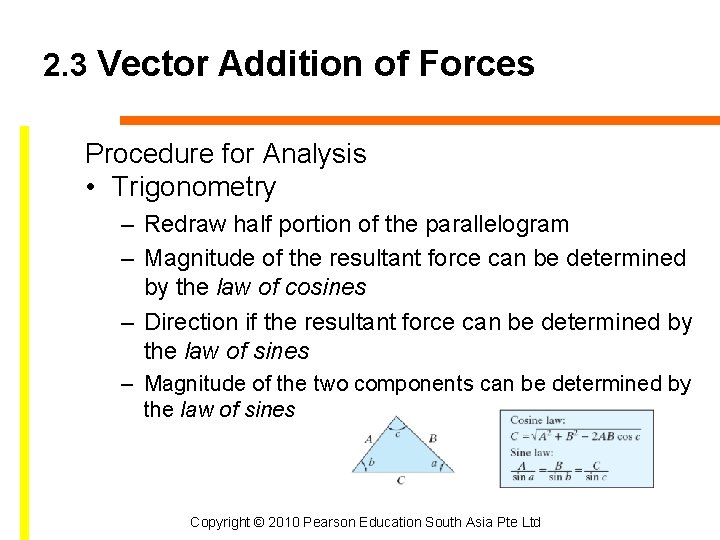 2. 3 Vector Addition of Forces Procedure for Analysis • Trigonometry – Redraw half