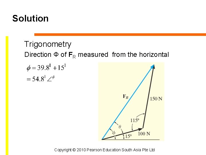 Solution Trigonometry Direction Φ of FR measured from the horizontal Copyright © 2010 Pearson