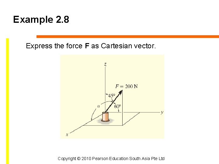 Example 2. 8 Express the force F as Cartesian vector. Copyright © 2010 Pearson