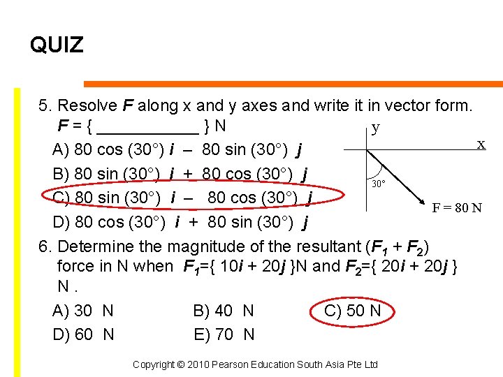 QUIZ 5. Resolve F along x and y axes and write it in vector