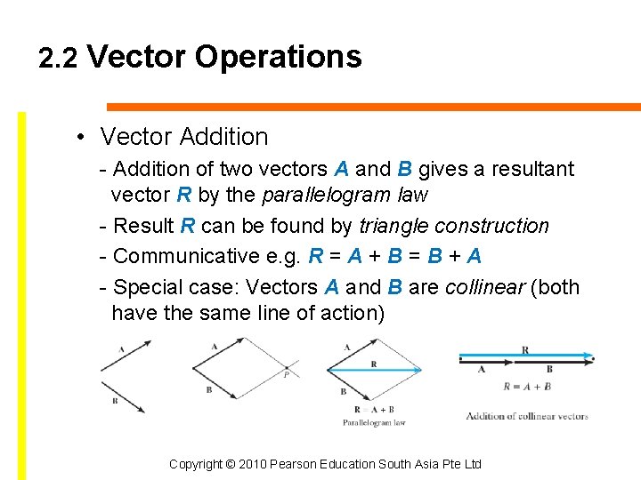 2. 2 Vector Operations • Vector Addition - Addition of two vectors A and