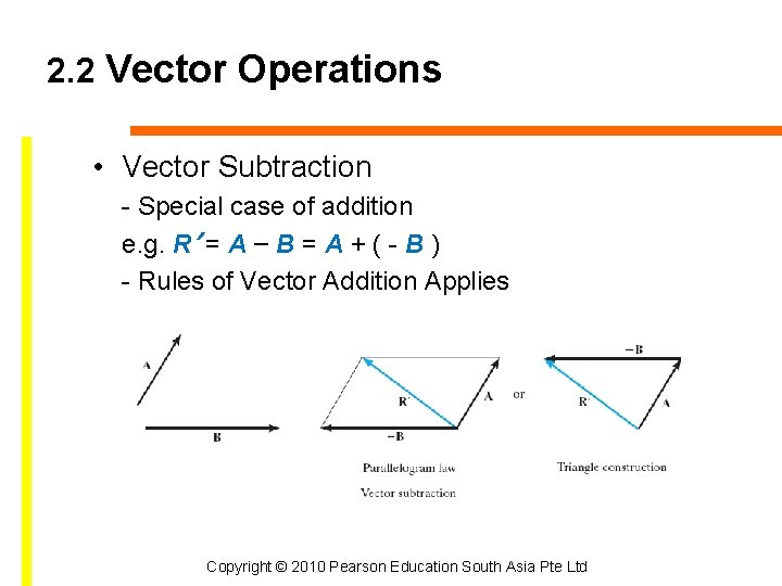 2. 2 Vector Operations • Vector Subtraction - Special case of addition e. g.
