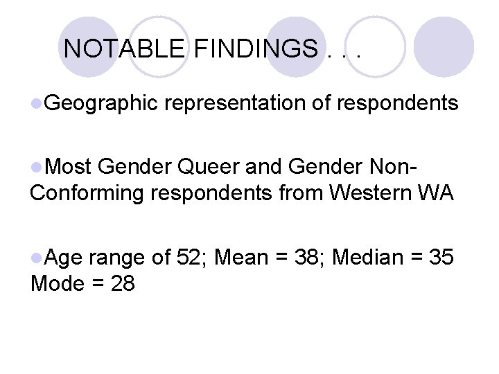 NOTABLE FINDINGS. . . l. Geographic representation of respondents l. Most Gender Queer and