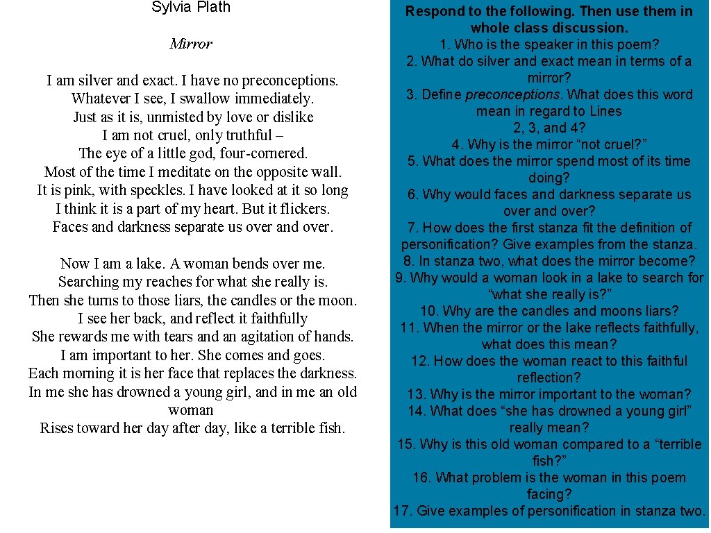 Sylvia Plath Mirror I am silver and exact. I have no preconceptions. Whatever I Sylvia Plath Mirror I am silver and exact. I have no preconceptions. Whatever I