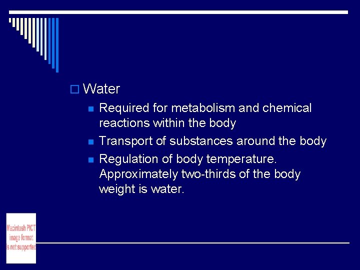 o Water n n n Required for metabolism and chemical reactions within the body o Water n n n Required for metabolism and chemical reactions within the body