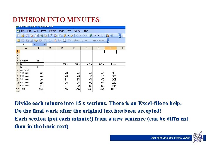 DIVISION INTO MINUTES Divide each minute into 15 s sections. There is an Excel-file