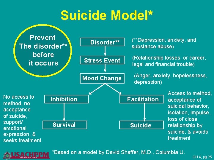 Suicide Model* Prevent The disorder** before it occurs No access to method, no acceptance