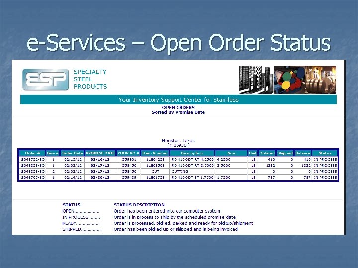 e-Services – Open Order Status 