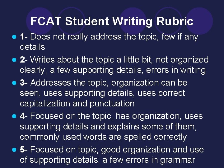 FCAT Student Writing Rubric l l l 1 - Does not really address the