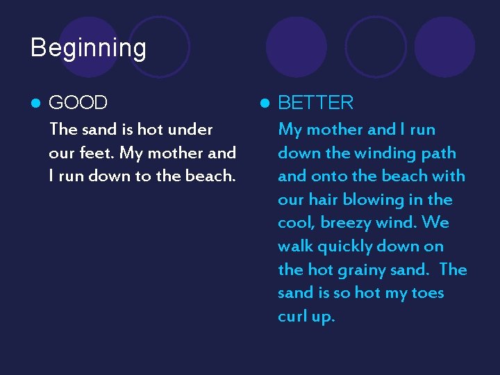 Beginning l GOOD The sand is hot under our feet. My mother and I