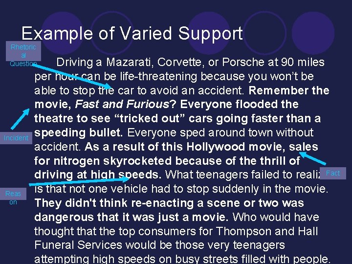 Example of Varied Support Rhetoric al Question Incident Reas on Driving a Mazarati, Corvette,