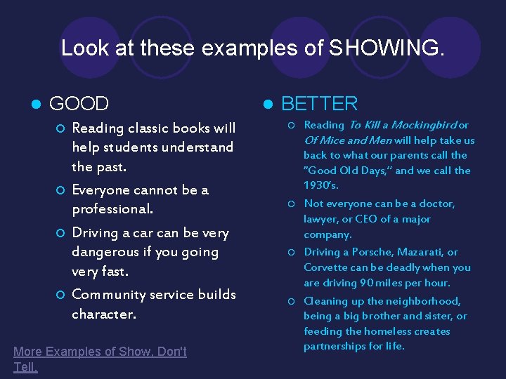 Look at these examples of SHOWING. l GOOD ¡ ¡ Reading classic books will