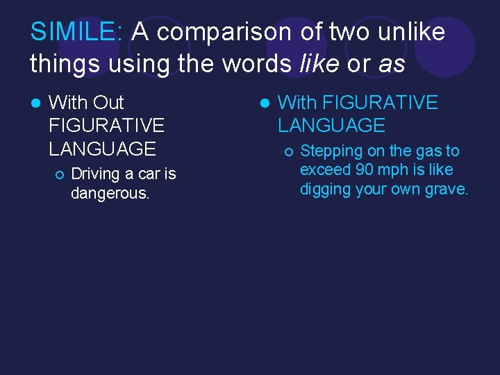 SIMILE: A comparison of two unlike things using the words like or as l