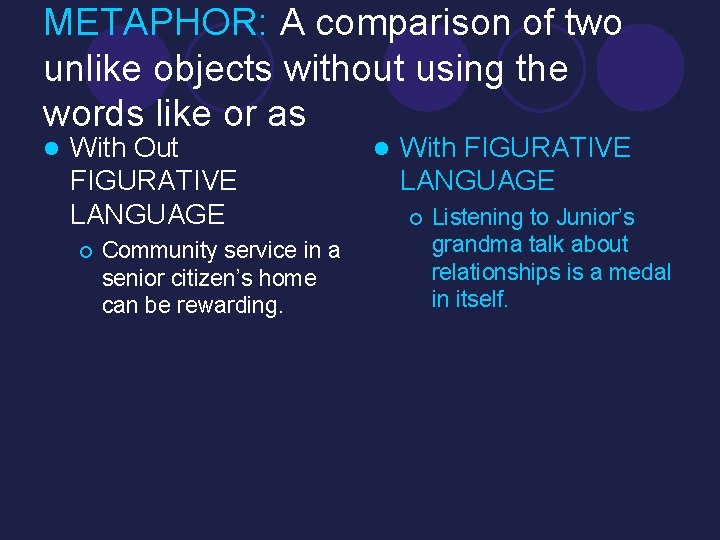 METAPHOR: A comparison of two unlike objects without using the words like or as
