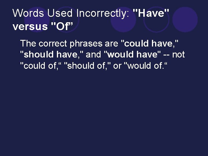 Words Used Incorrectly: "Have" versus "Of” The correct phrases are "could have, " "should
