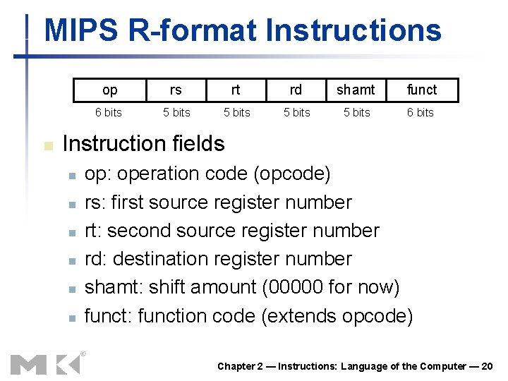 MIPS R-format Instructions n op rs rt rd shamt funct 6 bits 5 bits