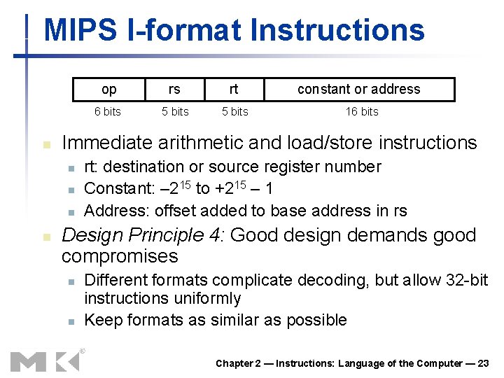 MIPS I-format Instructions n rs rt constant or address 6 bits 5 bits 16