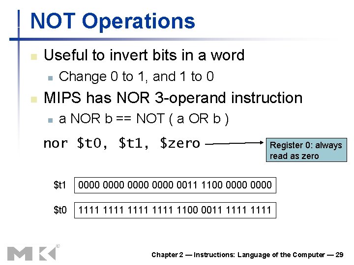 NOT Operations n Useful to invert bits in a word n n Change 0