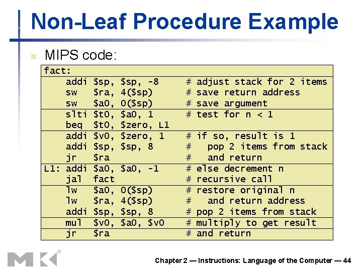 Non-Leaf Procedure Example n MIPS code: fact: addi sw sw slti beq addi jr