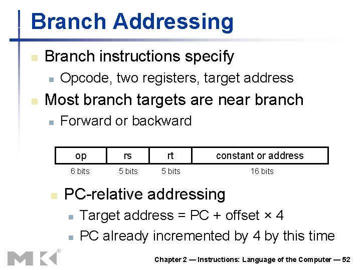 Branch Addressing n Branch instructions specify n n Opcode, two registers, target address Most