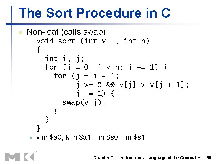 The Sort Procedure in C n Non-leaf (calls swap) n void sort (int v[],