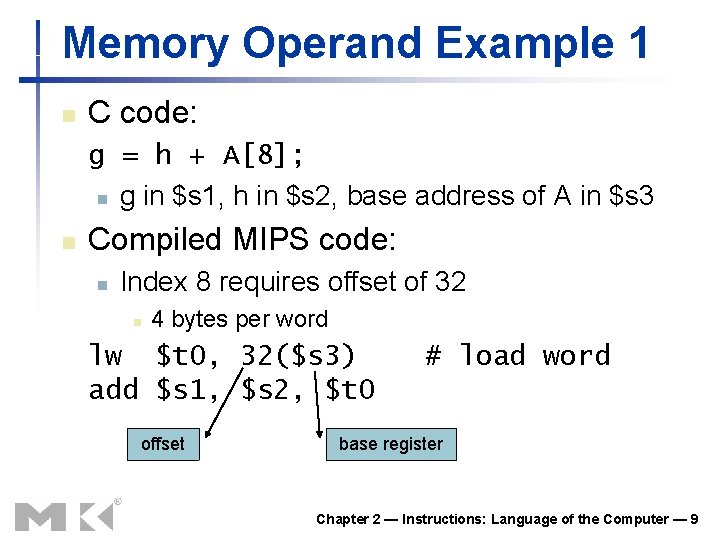 Memory Operand Example 1 n C code: g = h + A[8]; n g