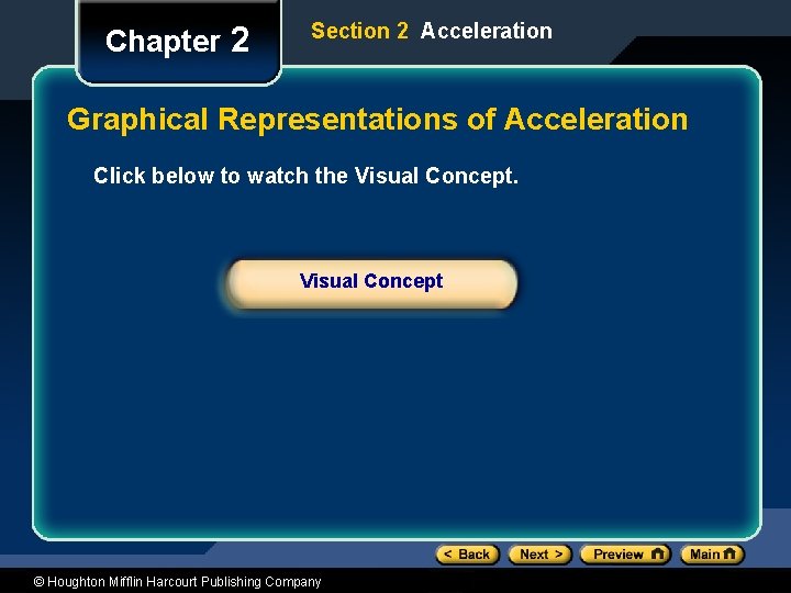 Chapter 2 Section 2 Acceleration Graphical Representations of Acceleration Click below to watch the
