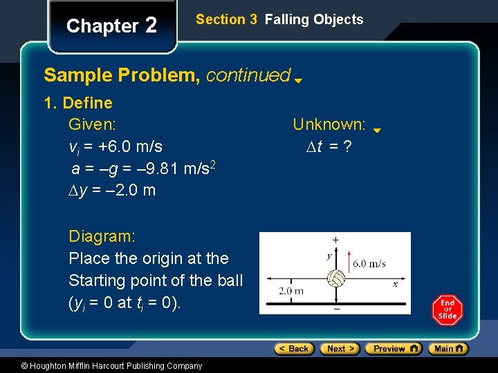 Chapter 2 Section 3 Falling Objects Sample Problem, continued 1. Define Given: vi =