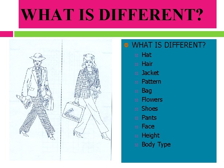 WHAT IS DIFFERENT? Hat Hair Jacket Pattern Bag Flowers Shoes Pants Face Height Body