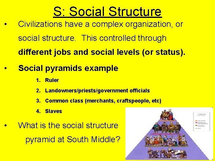 S: Social Structure • Civilizations have a complex organization, or social structure. This controlled