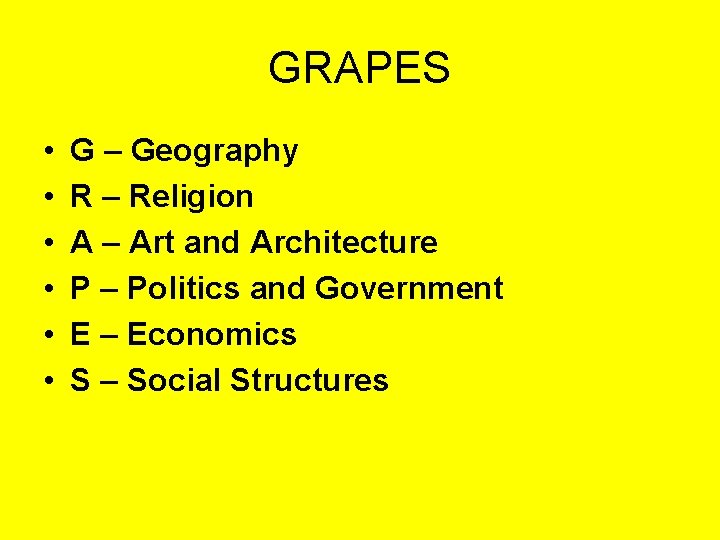 GRAPES • • • G – Geography R – Religion A – Art and