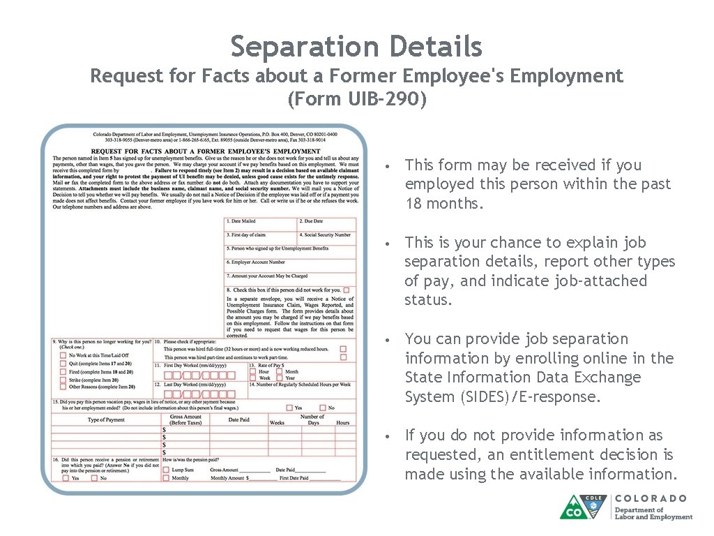 Separation Details Request for Facts about a Former Employee's Employment (Form UIB-290) • This Separation Details Request for Facts about a Former Employee's Employment (Form UIB-290) • This