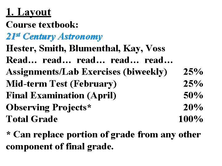 1. Layout Course textbook: 21 st Century Astronomy Hester, Smith, Blumenthal, Kay, Voss Read… 1. Layout Course textbook: 21 st Century Astronomy Hester, Smith, Blumenthal, Kay, Voss Read…